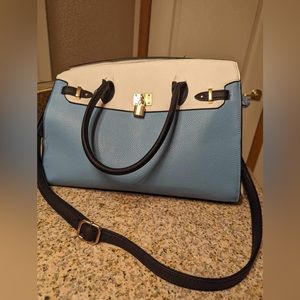 Fashionable 2 Pc Faux Leather Pebbled Sky Blue & White Purse & Matching Wallet